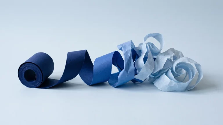 Rotolo di carta blu che si srotola e si accartoccia, immagine astratta dei dati che si disperdono prima del report