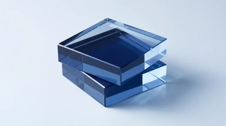 Due blocchi di vetro blu impilati e disallineati, immagine astratta dell'amministrazione separata dal resto dell'azienda