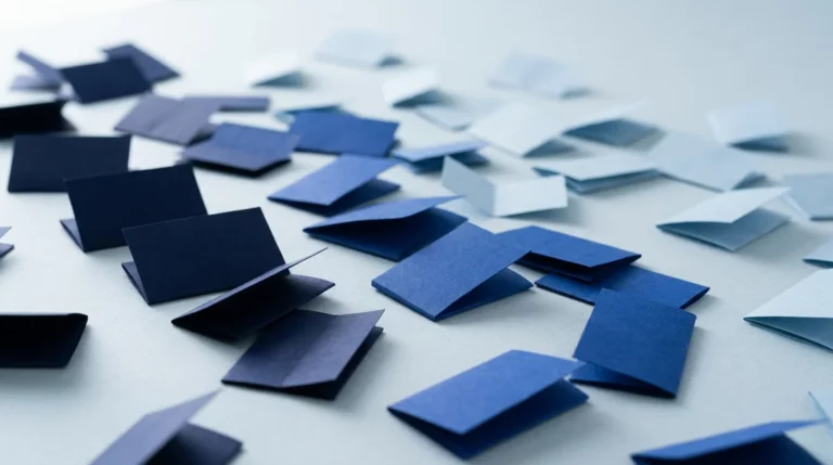 Cartoncini blu piegati e sparsi su un piano, immagine astratta delle richieste dei clienti che arrivano da canali diversi