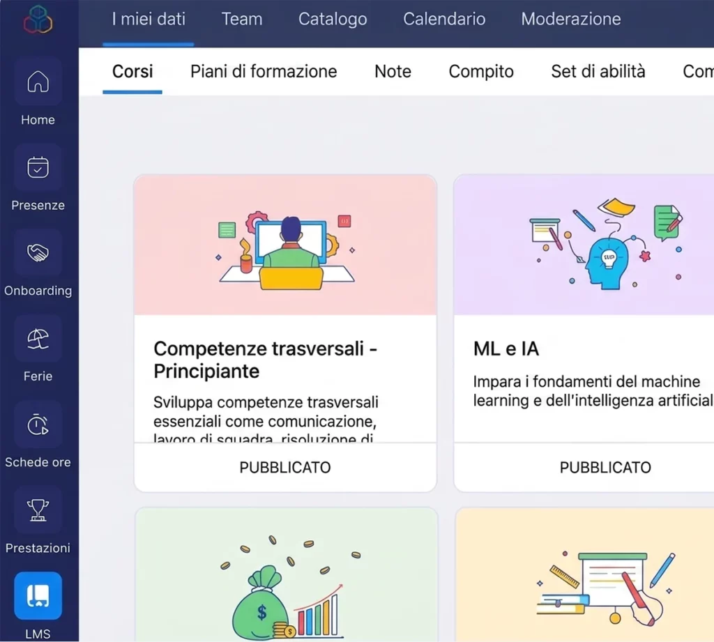 Schermata di Zoho People dentro Zoho One: catalogo dei corsi di formazione con presenze, ferie e onboarding nel menu