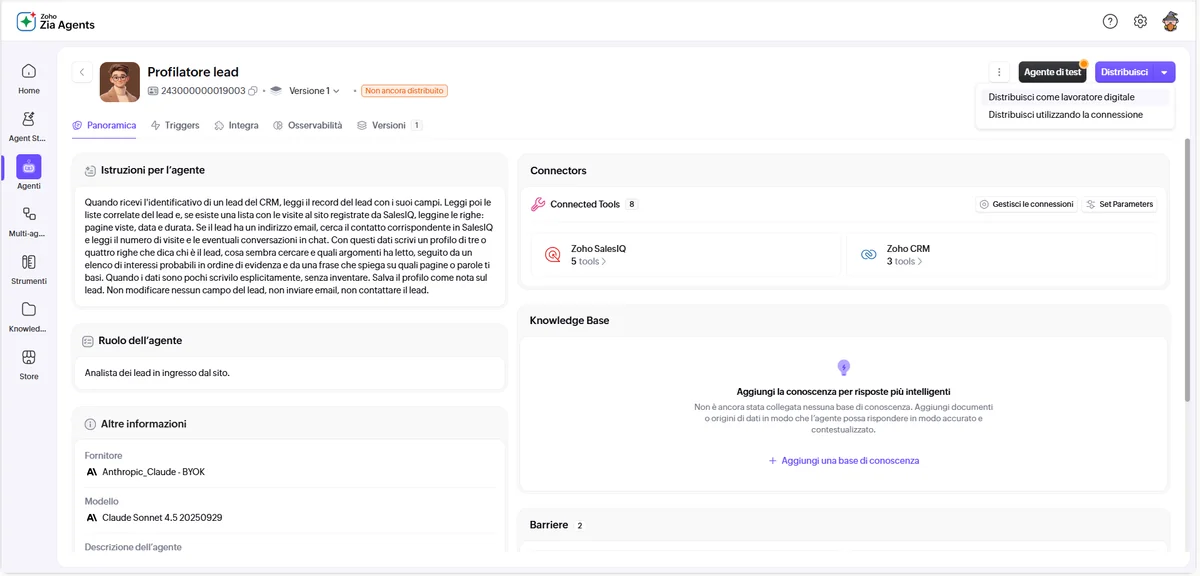 Zia Agents: menu Distribuisci aperto con le voci lavoratore digitale e utilizzo della connessione