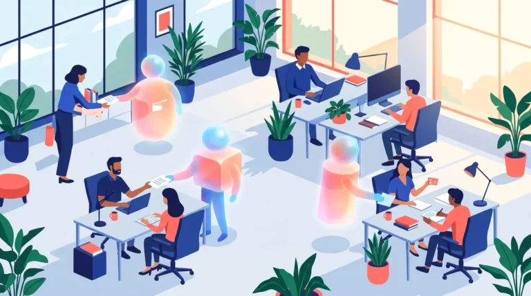Illustrazione di un ufficio luminoso in cui persone alle scrivanie passano documenti a tre figure traslucide