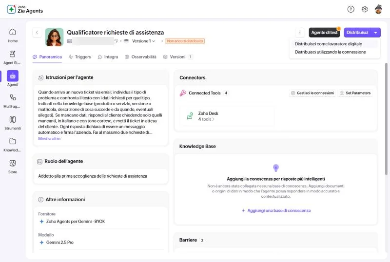 Schermata di Zia Agents: la scheda di un agente con il menu Distribuisci, che offre lavoratore digitale o connessione