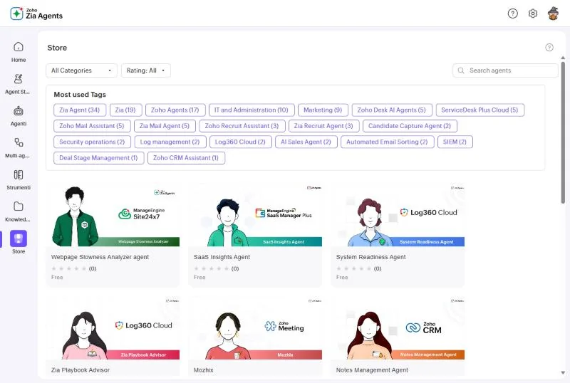 Schermata di Zia Agents: lo Store con i tag più usati e le schede degli agenti predefiniti