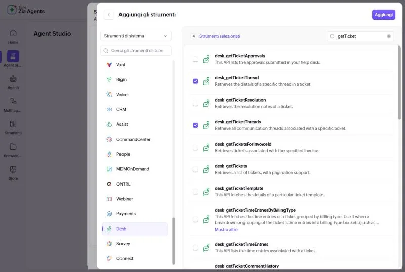 Schermata di Zia Agents: gli strumenti di Zoho Desk, con quattro strumenti selezionati per l'agente